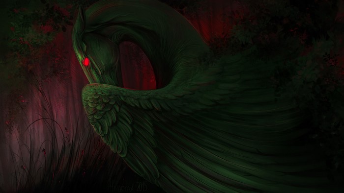 Green winged creature with red eyes in dark forest