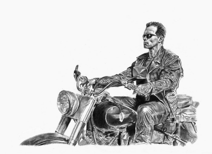 Arnold Schwarzenegger as the Terminator on a motorcycle
