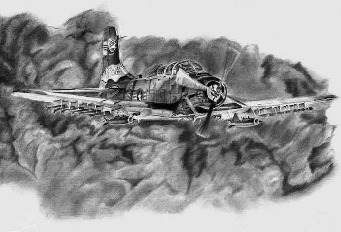 Douglas A-1 Skyraider flying through clouds
