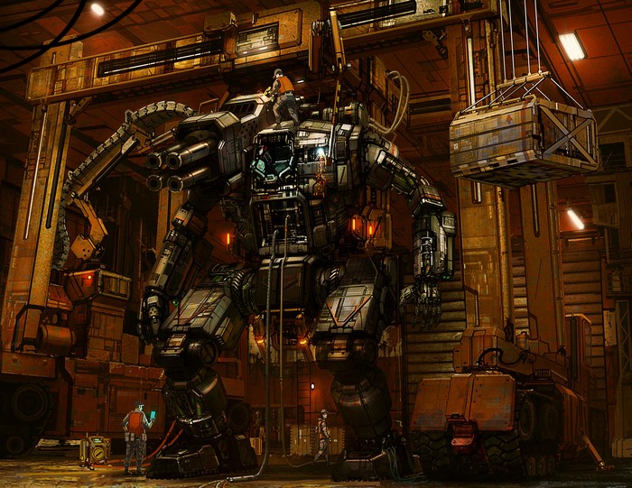Giant robot being repaired in a hangar