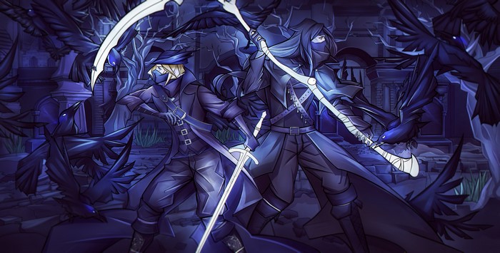 Two warriors with scythe and sword surrounded by crows