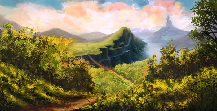 Painting Art of a Castle on a Hill with Bridges