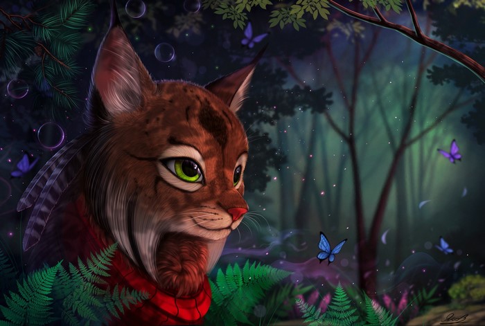 Lynx with green eyes in a magical forest with butterflies