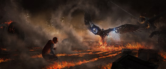 Spider-Man from Spider-Man: Homecoming fighting Vulture amidst fire
