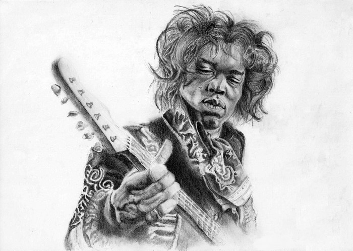 Jimi Hendrix playing guitar, black and white pencil drawing