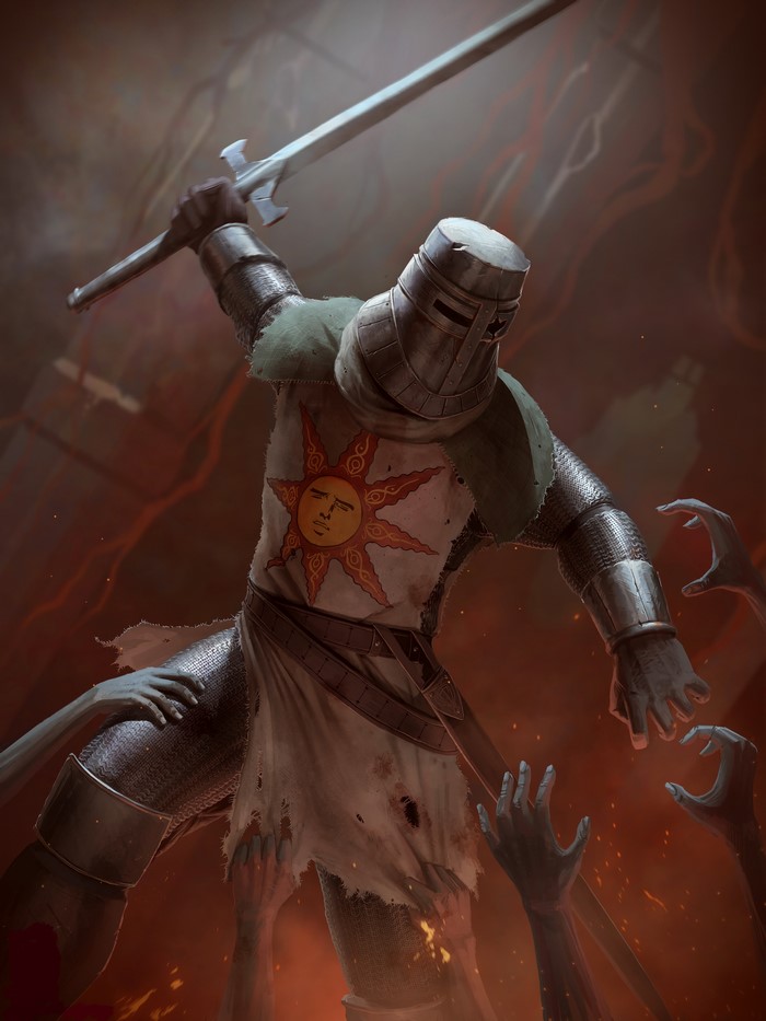 Knight with Sun Emblem fighting zombies in Dark Souls