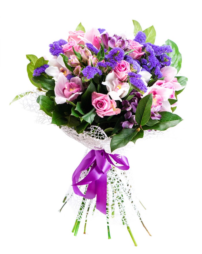 Bouquet of pink roses and orchids with purple flowers