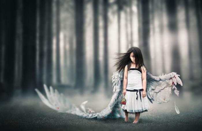 Little Asian girl with angel wings in a forest