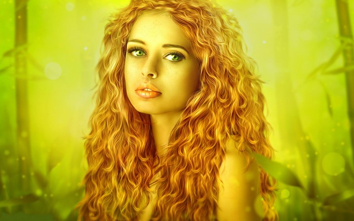 Redhead girl with curly hair and green eyes