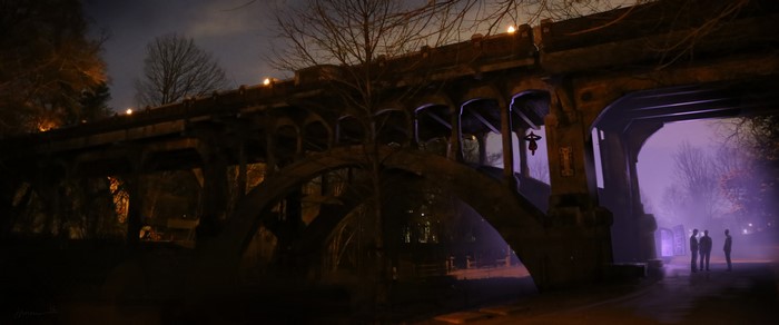 Spider-Man from Spider-Man: Homecoming on a bridge at night
