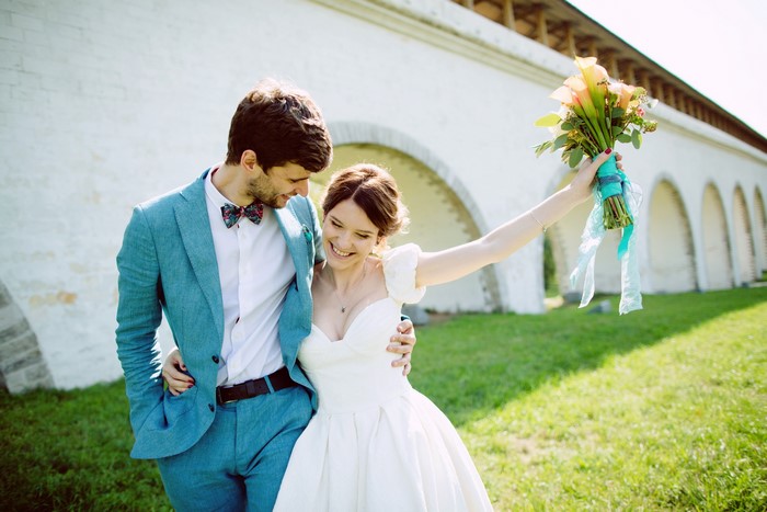 Bride and Groom with Bouquet