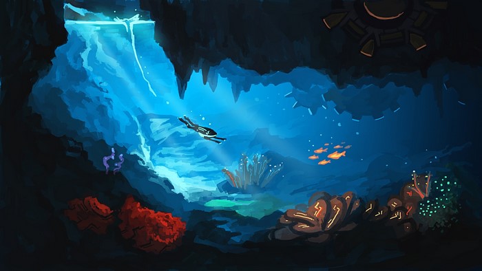 Underwater cave painting with diver and fish