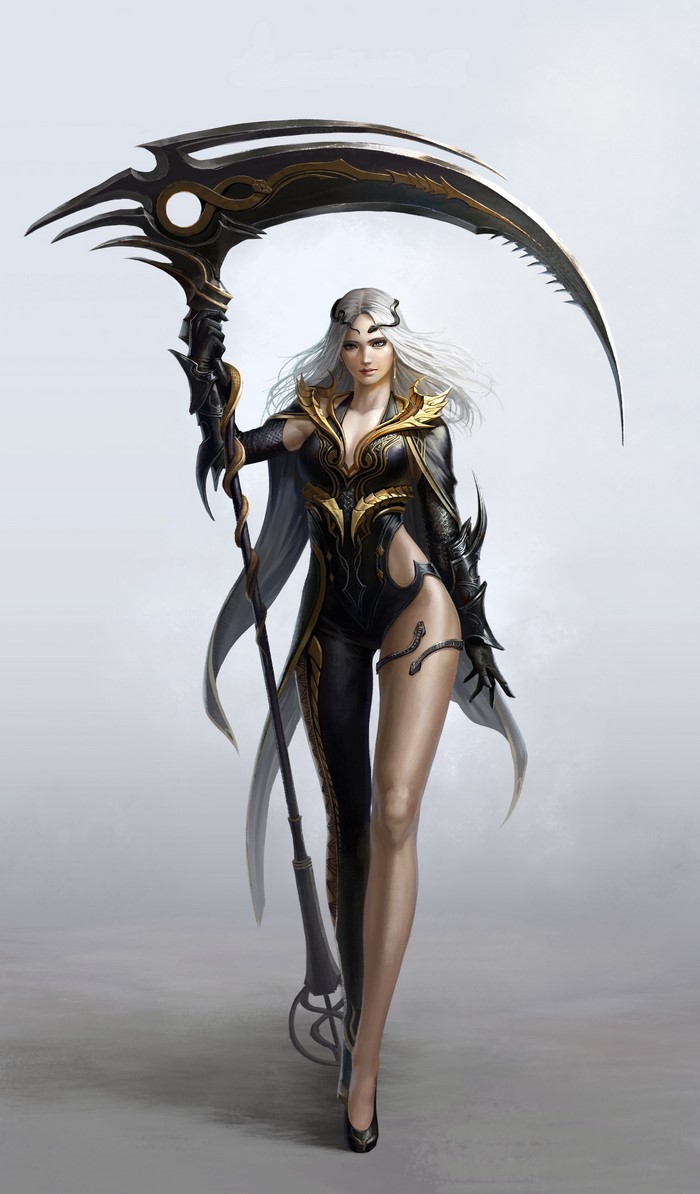 Woman with scythe and blonde hair