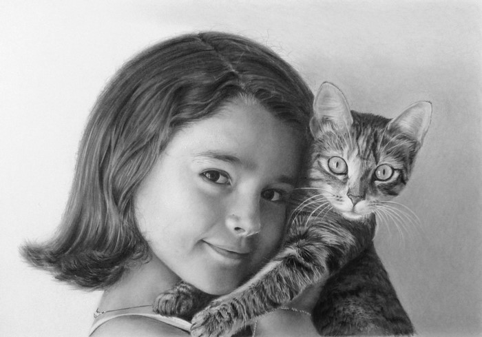 Girl holding a cat, black and white drawing