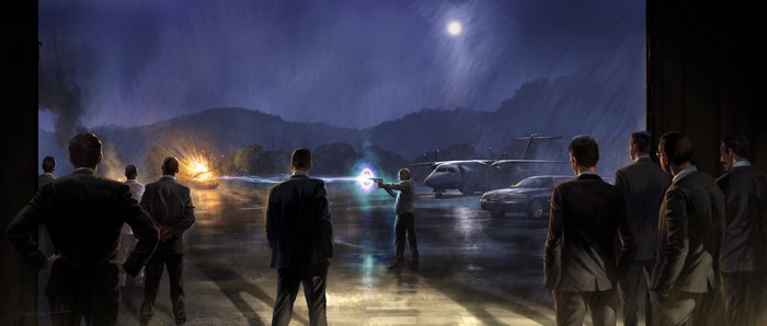 Men watching an explosion and a portal on an airport tarmac at night