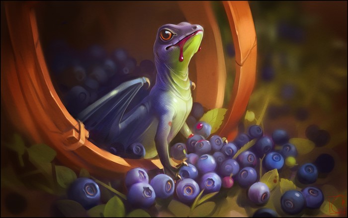 Dragon eating blueberries from a basket