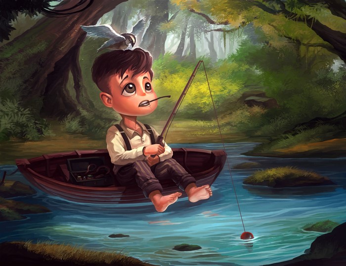 Boy fishing in a boat with a bird on his head