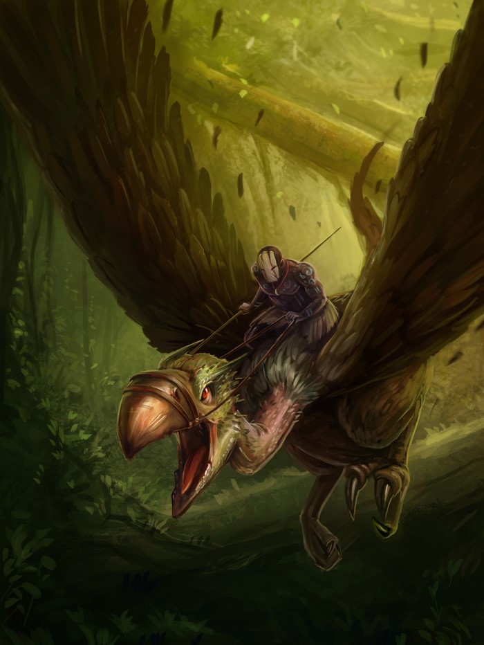 Warrior riding a large bird through a forest