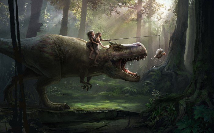Cave people riding a T-Rex in a forest