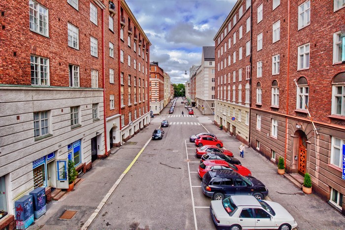 Street view of buildings and cars in Helsinki, Finland