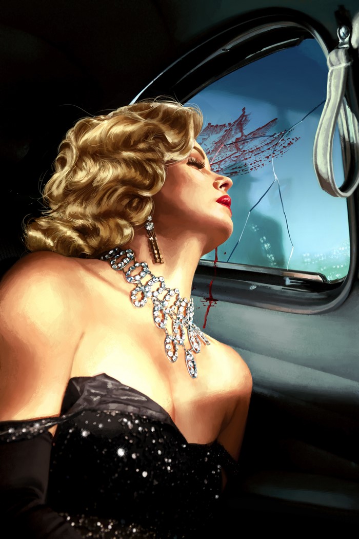 Woman in car with blood on window from L.A. Noire
