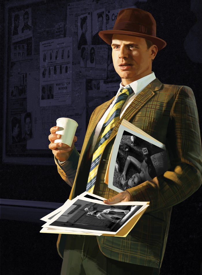 Detective from L.A. Noire holding crime scene photos
