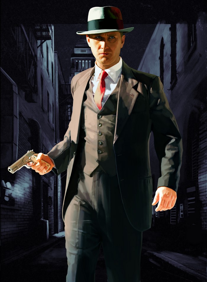 Man in suit holding a pistol in L.A. Noire