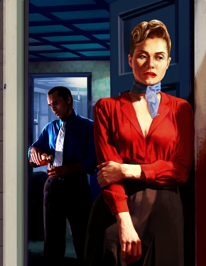Woman in red and man pouring drink from L.A. Noire