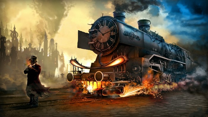 Steampunk man and train in a city