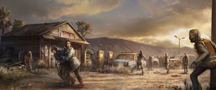 Survivors fleeing zombies at a rundown gas station
