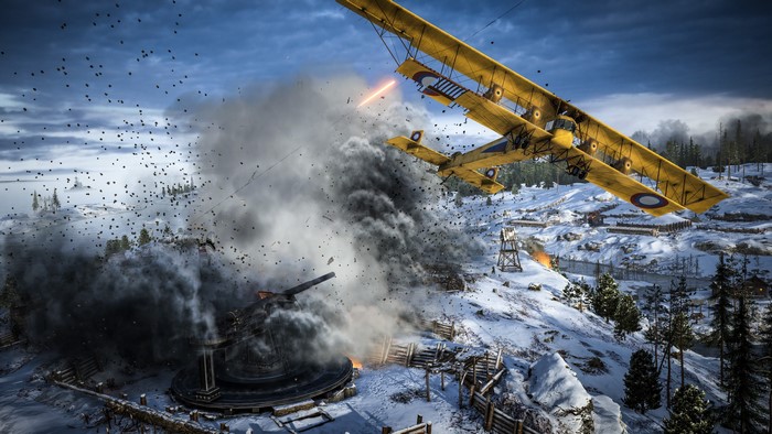 Battlefield 1 biplanes in aerial combat over a snowy landscape