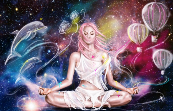 Woman meditating in space with dolphins and hot air balloons