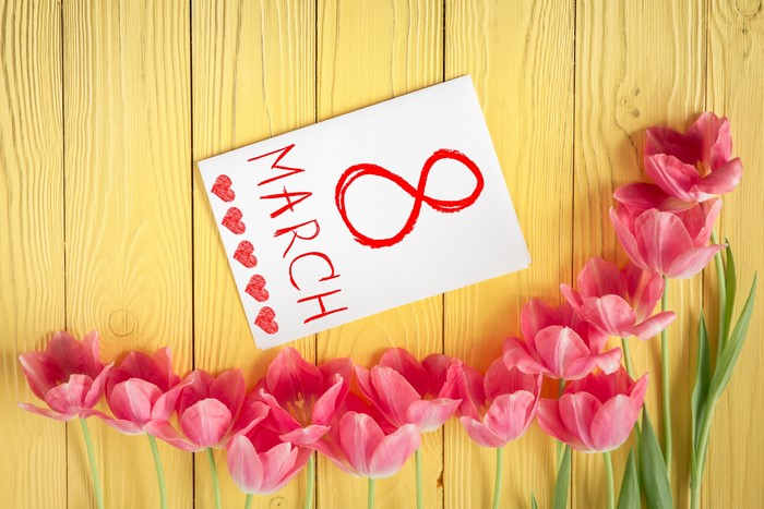 March 8 Tulips Holiday on Wood Planks
