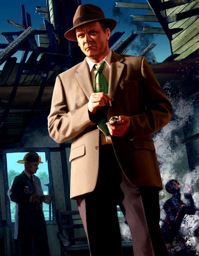 Cole Phelps from L.A. Noire in a burnt building