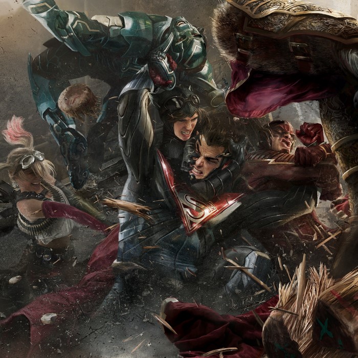 Superman, The Flash, and other heroes fighting in Injustice 2