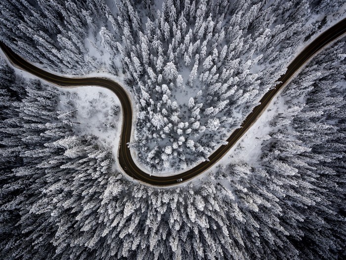 Aerial view of a winding road through a snow-covered forest
