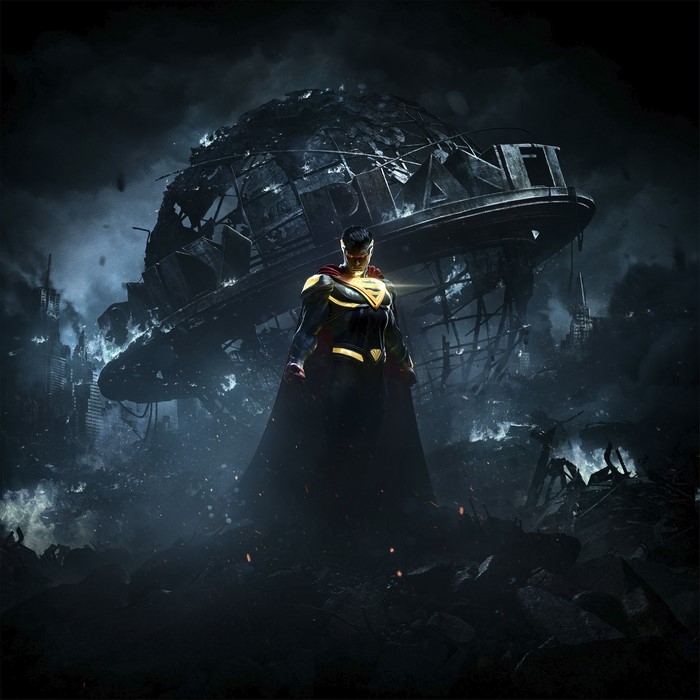Superman from Injustice 2 in a destroyed city