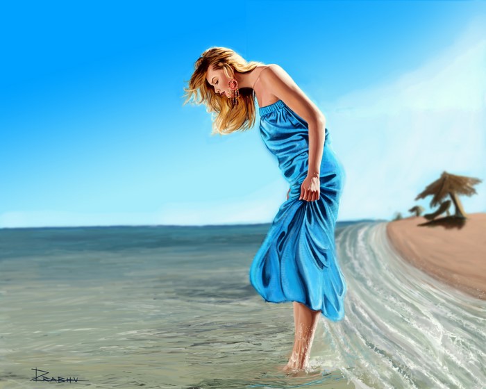 Painting of a blonde woman in a blue dress on a beach