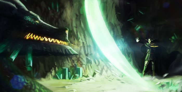 Dragon and Elf casting magic in a cave with crystals