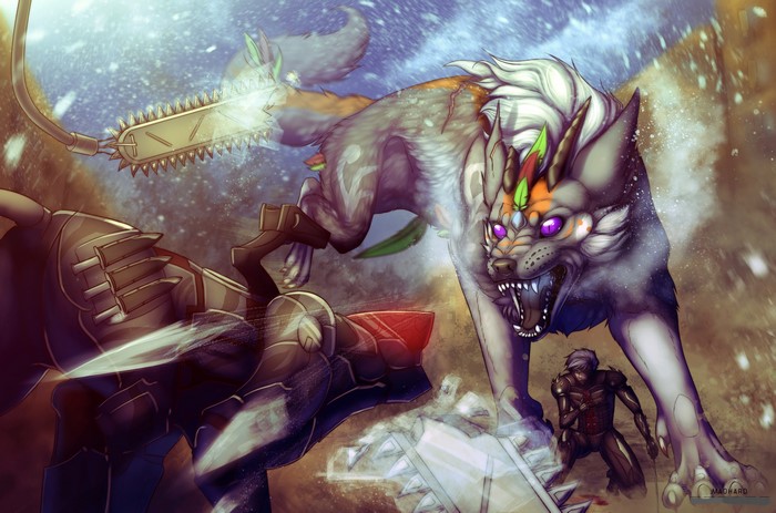 Magical wolf with chainsaw fighting Metal Gear