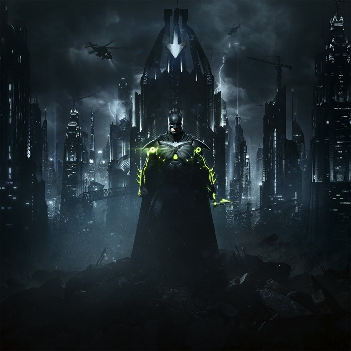 Batman from Injustice 2 in a dark city