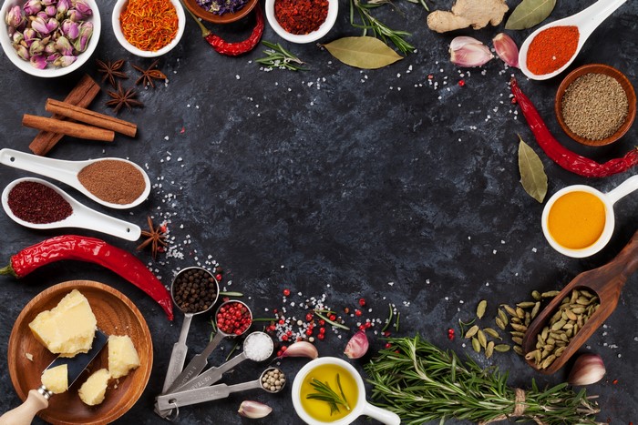 Spices and Ingredients on a Dark Surface