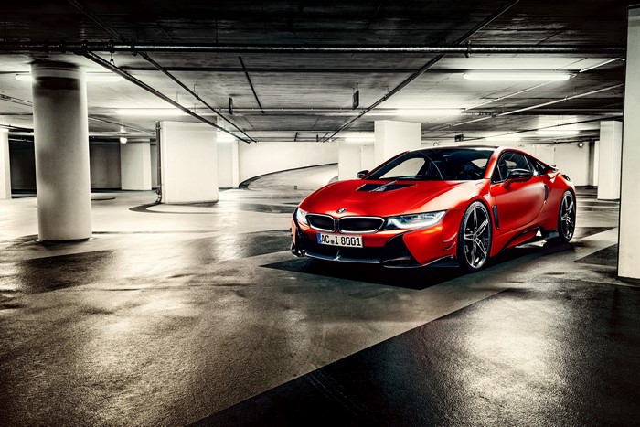 Red BMW i8 in a Parking Garage