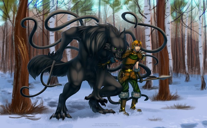 Monster and Warrior in Snowy Forest