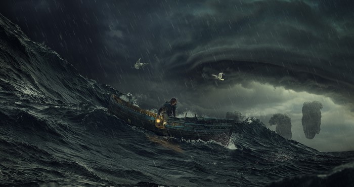 Man in a boat during a storm with floating islands