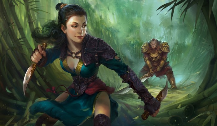 Female assassin with daggers and male warrior in bamboo forest