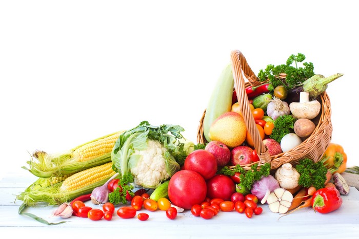 Vegetables and fruits in a wicker basket