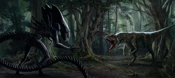 Alien vs Allosaurus in a Dark Forest
