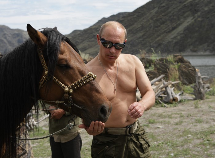 Vladimir Putin Shirtless with Horse in Natural Landscape 4K