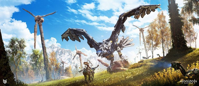 Aloy from Horizon Zero Dawn fighting a large bird machine